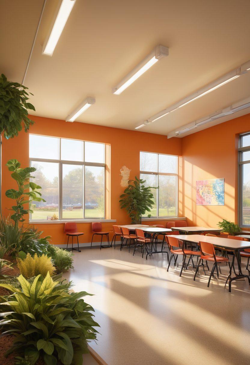 A warm and inviting school environment filled with diverse students and teachers engaging in collaborative activities, showcasing kindness and empathy. Incorporate plants and natural light to symbolize growth and nurturing, while emphasizing a supportive community spirit. Use vibrant colors and elements of nature to create a sense of harmony and well-being. super-realistic. vibrant colors. warm lighting.