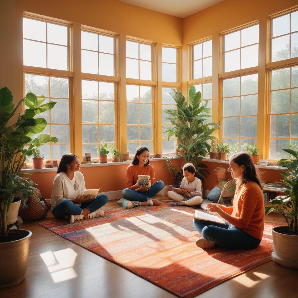 A cozy classroom setting featuring diverse children engaging in various activities, such as reading, collaborating on projects, and practicing mindfulness. Bright colors radiate warmth, with plants and art on the walls promoting creativity and inclusivity. A teacher guides with a smile, embodying support and encouragement. Soft sunlight streams through large windows, enhancing the inviting atmosphere. super-realistic. vibrant colors. warm tones.