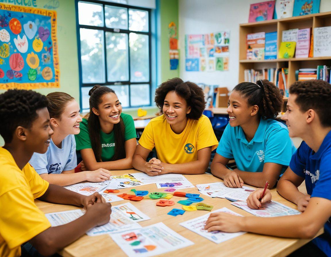 A diverse group of students engaged in a lively discussion, surrounded by symbols of peace, respect, and compassion. They are in a classroom setting filled with motivational quotes and colorful educational materials, reflecting an inclusive and supportive atmosphere. The scene conveys collaboration and the importance of values in education, emphasizing empowerment and understanding among students. bright colors.positive energy. super-realistic.